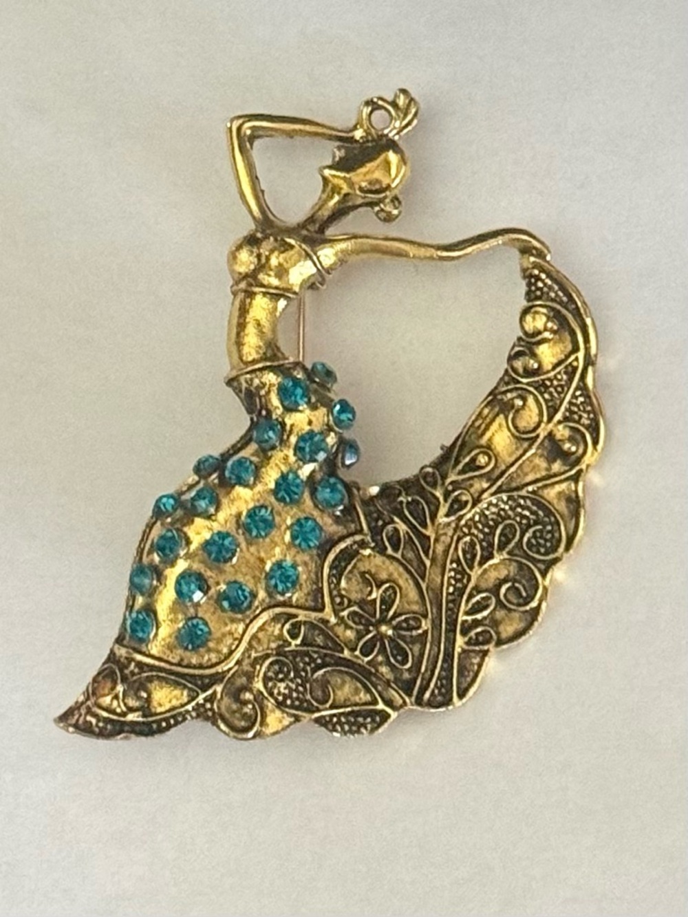 Gold-Tone Teal Crystal Flamingo Dancer Brooch - Designer Style